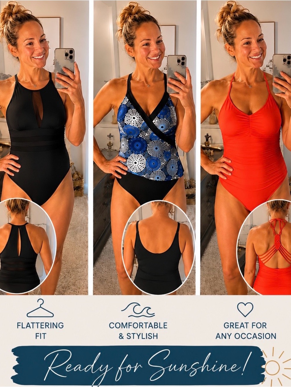 3 swim Flattering One-Piece Swimsuits   Black, black& Blue, coral